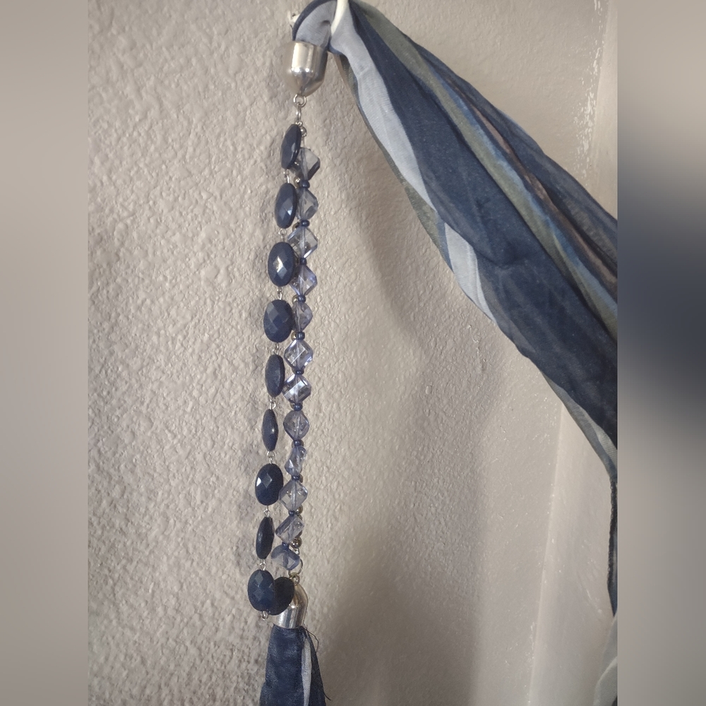 Long blue multi colored silky "feel" jeweled scarf